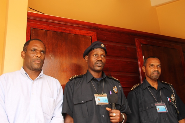 (L-R) Permanent Secretary in the Ministry of Finance Colin Dore, Assistant Comptroller Customs Nevis Shane Hanley and Deputy Comptroller Cynric Carey at the Ministry of Finance on June 16, 2015